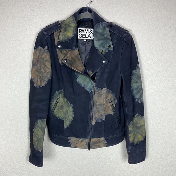 Pam & Gela Tie Dyed Leather Painted Floral Moto Biker Jacket Black Sz M - Picture 14 of 14